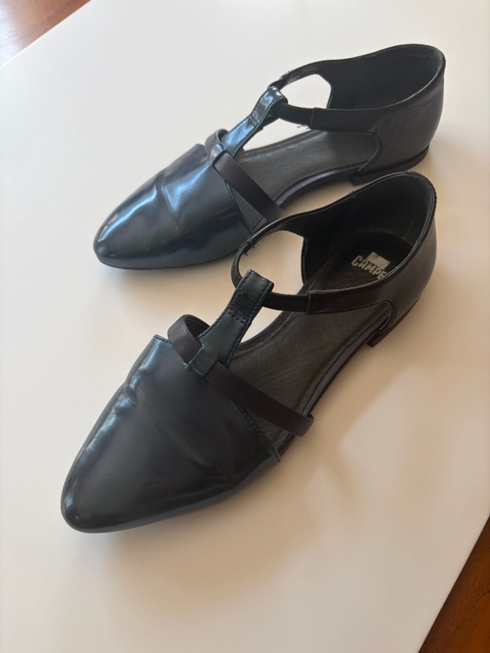 Camper Black + Navy Pointed T-Strap Leather Flats